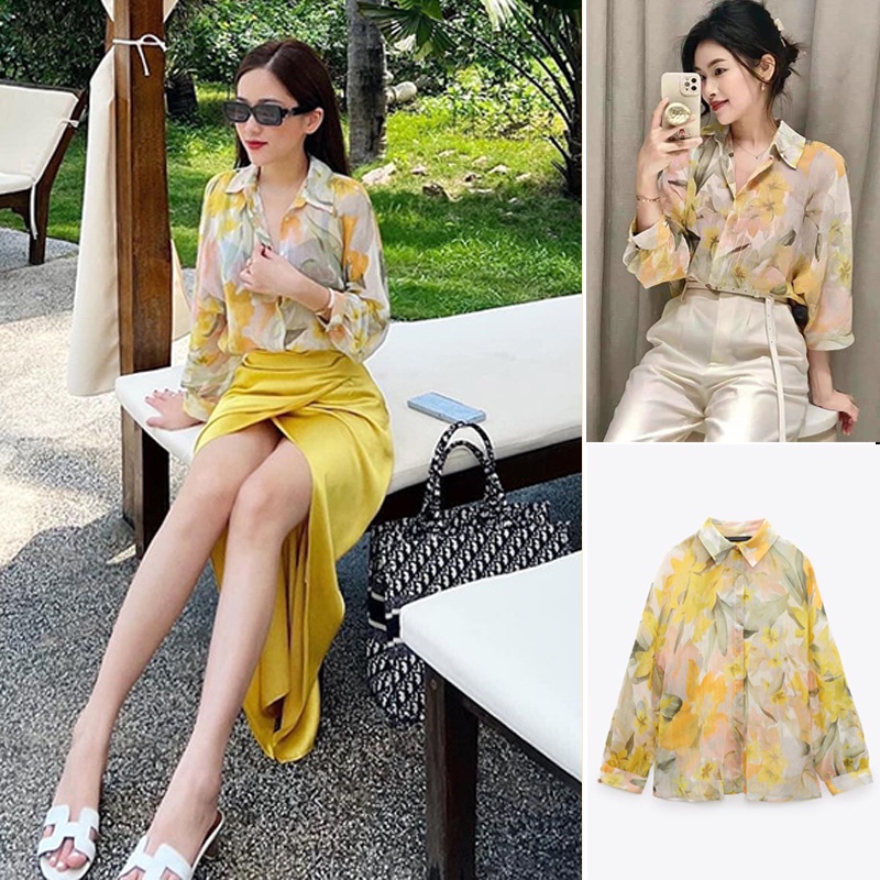 Zara Áo Sơ Mi Mùa Hè 2022 Dạng Lật Có Nút In Đường Viền Kim Loại Màu Tối 2901184Áo blouse