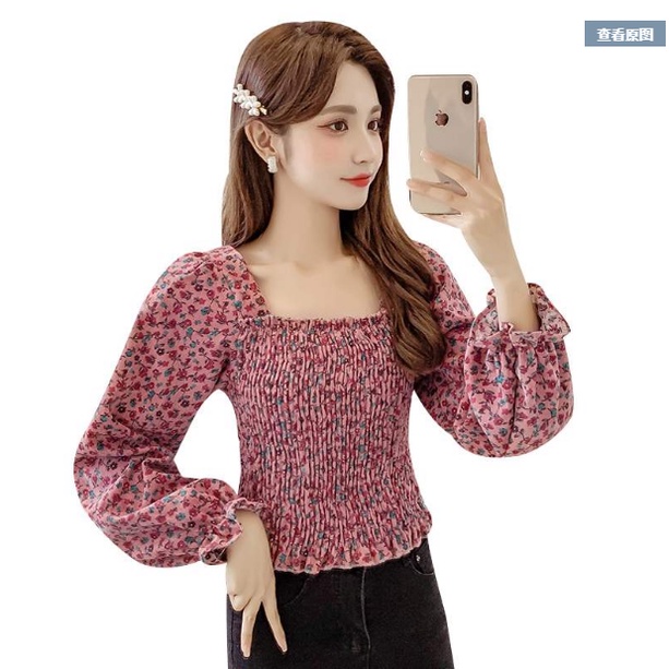 Áo hoa dún nhiều mẫu xinh xắn - Áo Chiffon Tay Dài In Hoa Phong Cách Retro Cho Nữ