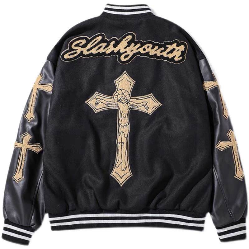 Áo bomber Miuzi unisex,áo bóng chày thêu hình thánh giá phối tay da DT048