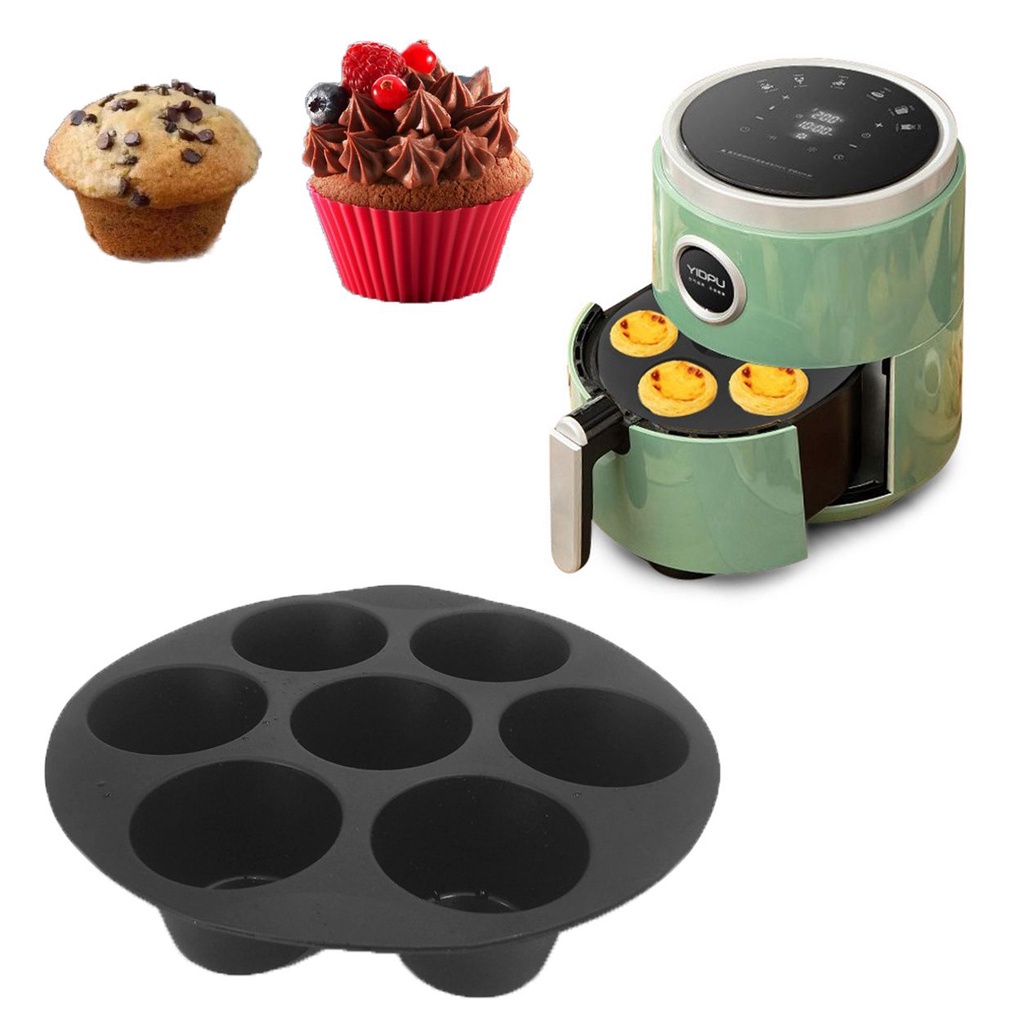 Khuôn silicon nướng bánh muffin trong nồi chiên không dầu cỡ lớn gồm 7 ô màu đen an toàn DIY
