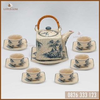 Bộ ấm chén bát tràng men rạn quai mây vuông vẽ tay thủ công