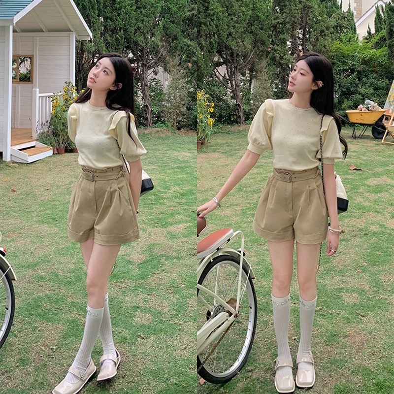 [Hana And Alice] Áo Thun Tay Ngắn Dệt Kim Thiết Kế Sang Trọng