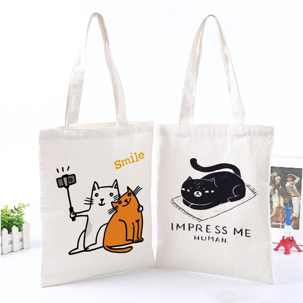 Túi Tote Canvas Vải Bố In Hình Mèo Selfie &amp; Mèo Đen