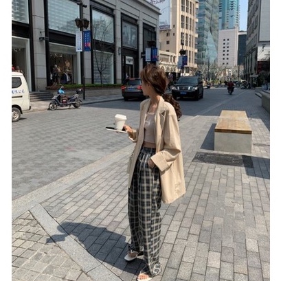 Quần ống rộng Họa Tiết Sọc Caro Thời Trang Phong Cách Retro Cho Nữ