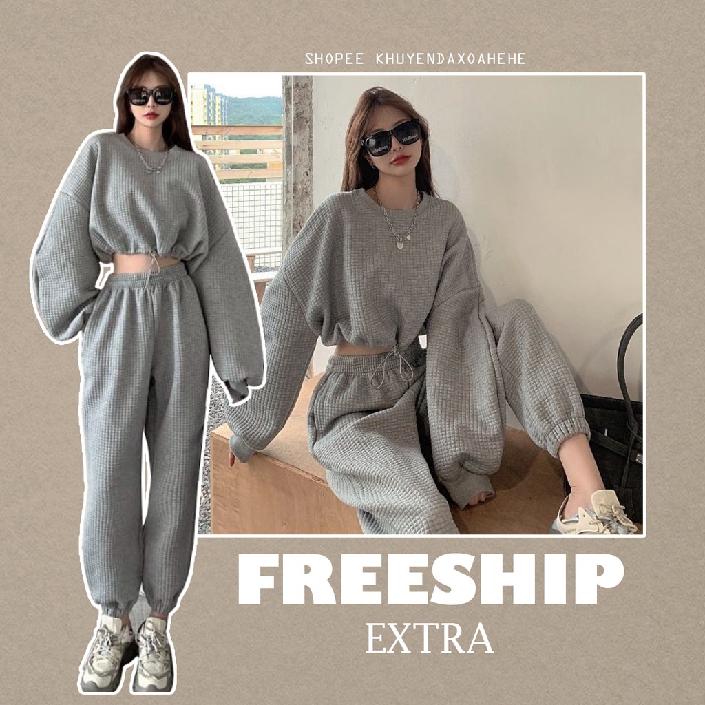 SA004 Set thể thao áo croptop quần jogger Ulzzang, bộ quần áo nỉ thu đông crt dài tay quần ống rộng bo gấu trẻ trung