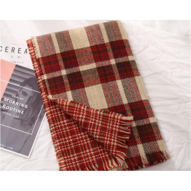 Khăn quàng cổ nam nữ chất liệu len dạ kẻ caro phong cách Vintage Hàn Quốc; Khăn kẻ 2 mặt