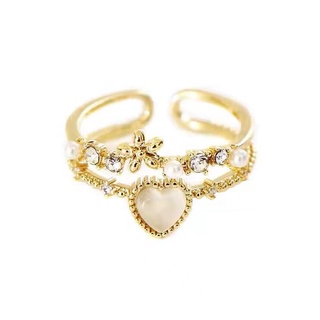 Nhẫn Mặt Trái Tim Đôi Đính Đá Opal Phong Cách Hàn Quốc