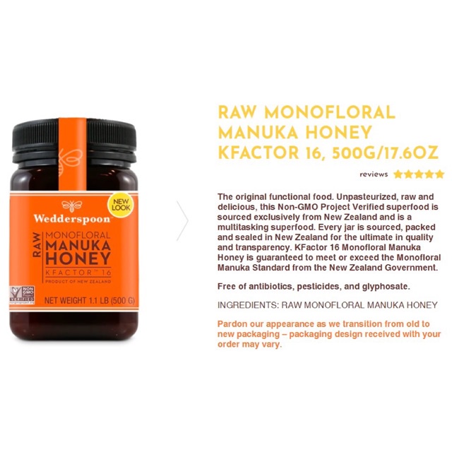 Mật ong Manuka Raw Kfactor 16 Wedderspoon NonGMO 500g
