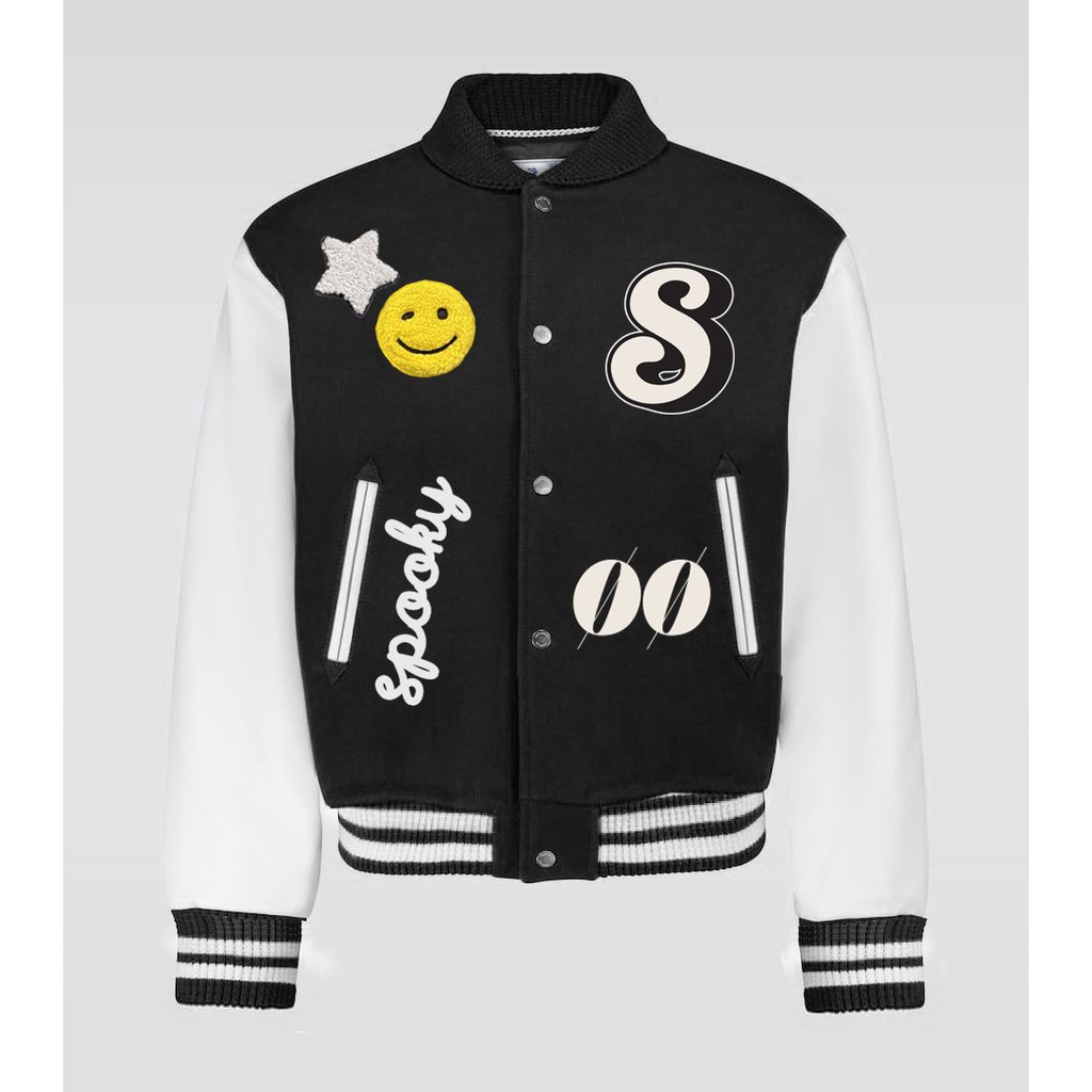 Áo Khoác Dạ Đen Phối Da - Varsity Jacket