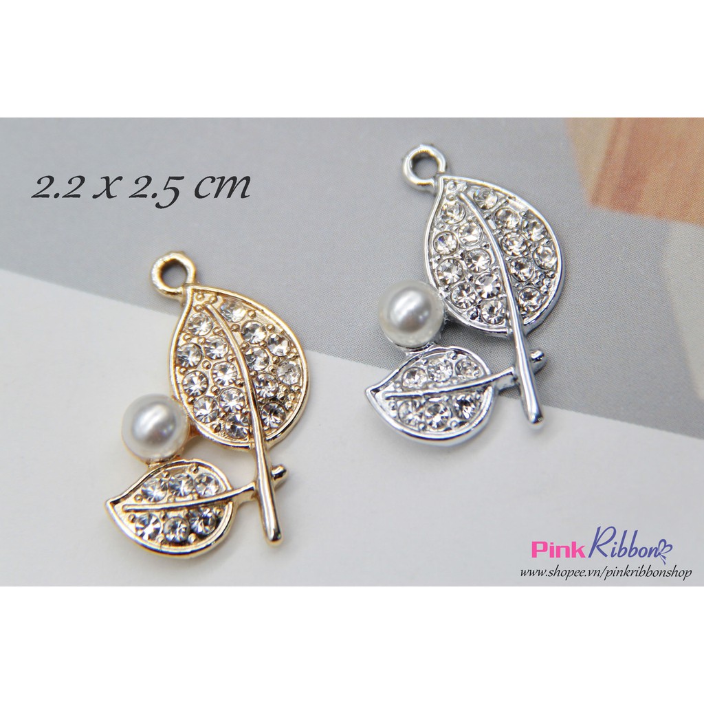 Charm hình Lá đôi nhí đặc đính đá làm phụ kiện may mặc, thời trang