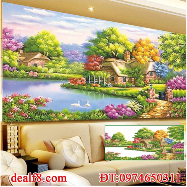 Tranh đính đá phong cảnh hồ thiên nga 160x80cm giá tốt