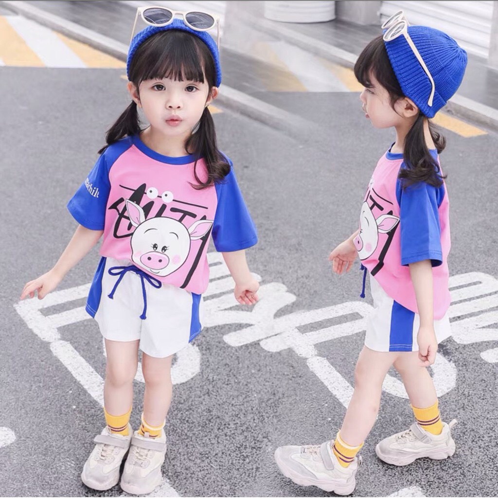 Bộ đồ bé gái Chan Chan cotton Chú Heo Con, set quần áo trẻ em từ 5 đến 14 tuổi