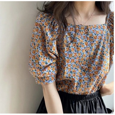Áo Sơ Mi Chiffon Cổ Vuông Tay Ngắn Dáng Rộng In Hoa Thời Trang Mùa Hè Dành Cho Nữ Plus Size