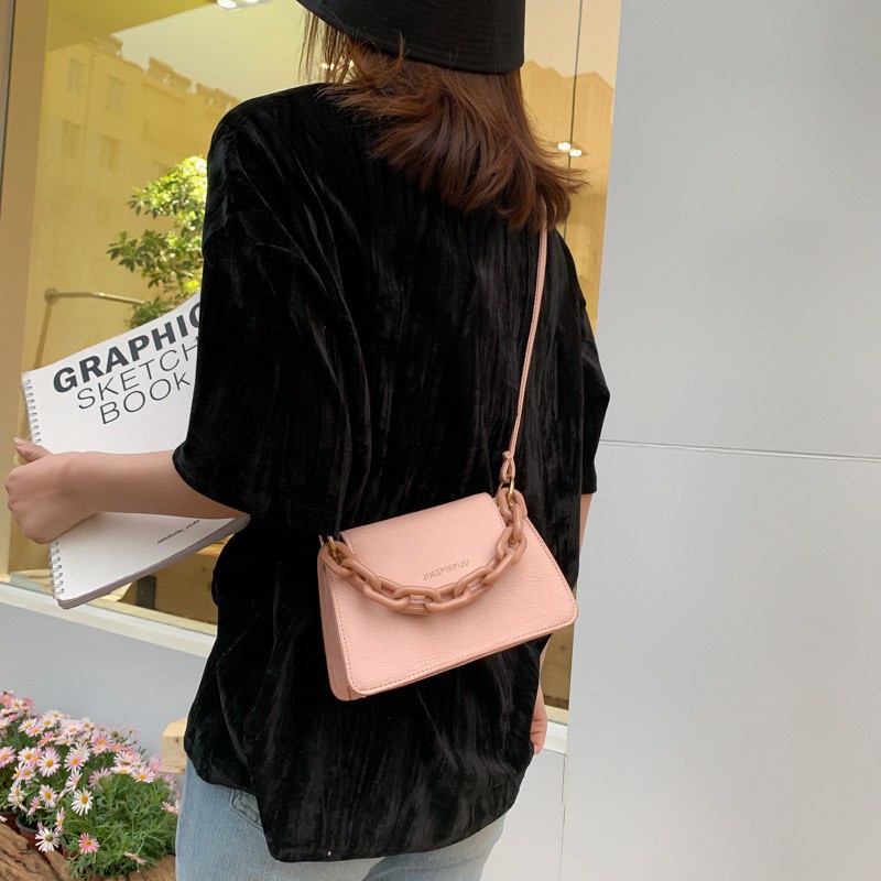 Túi Xách Nữ Mini điệu đà - Túi Xách Da PU cao cấp trơn đeo chéo phối dây xích kẹp nách cá tính mã 7605