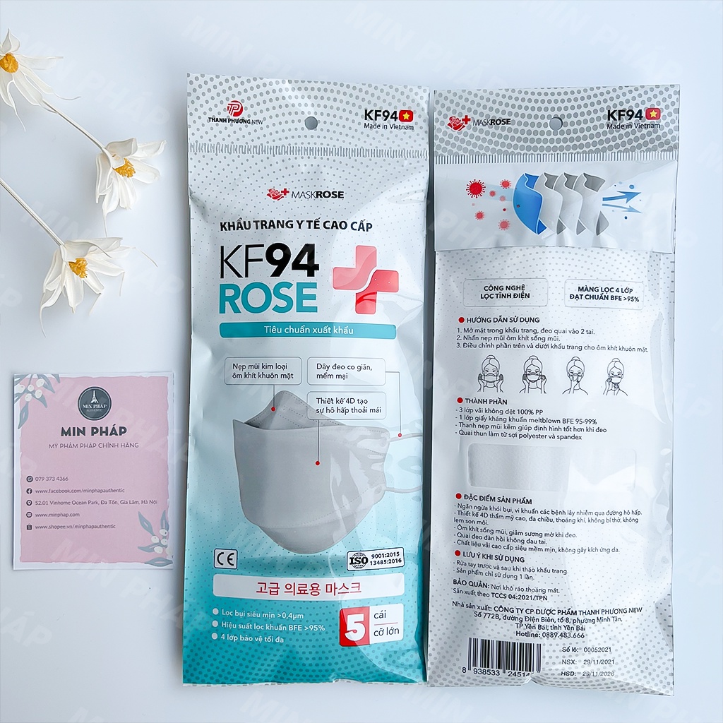 Khẩu Trang KF94 Rose Tiêu Chuẩn Hàn Quốc Chống Bụi Mịn, Kháng Khuẩn Cao Cấp