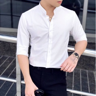 Áo sơ mi nam trắng dài tay cổ tàu siêu đẹp