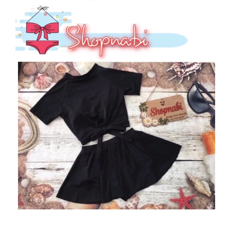 Đồ bơi nữ tay ngắn CỘT NƠ váy xoè kín đáo- Bikini đi biển áo có tay chống nắng- shopnabi TNVX_COTNO