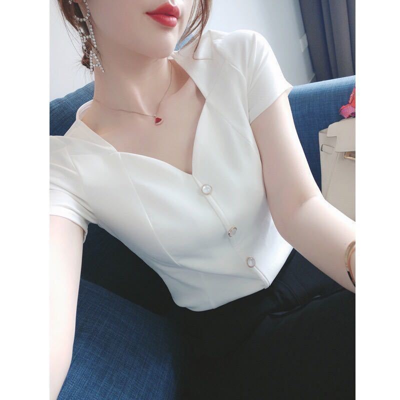 Sexy small V-collar short-sleeved shirt 2022 New Summer style Fashion White T-shirt blouse