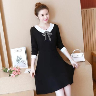 Váy bầu đen cổ trắng thắt nơ