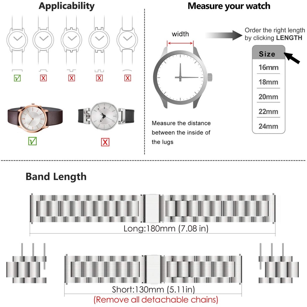 Dây đeo bằng thép không gỉ 18mm / 20mm / 22mm cho đồng hồ thông minh huawei watch gt 2 pro; cho galaxy watch 6/5/4/3 / amazfit gts 2 mini / bip s lite watch bracelet phụ kiện dây đeo bằng kim loại sang trọng