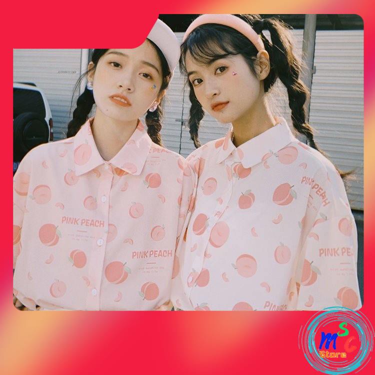 A&Mc HotSale！ ☟Đào In Áo Sơ Mi Nhật Bản Gió Lạ Cô Gái Sinh Viên Lỏng Ve Áo Voan Ngắn Tay Áo Sơ Mi♞