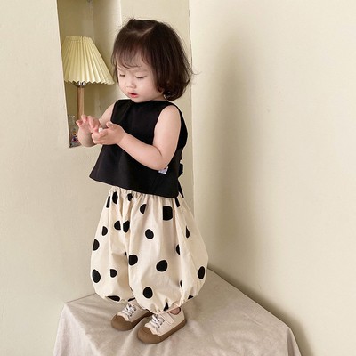 Set Áo Thắt Nơ Lưng + Chân Váy Chấm Bi Phong Cách Hàn Quốc Cho Bé Gái