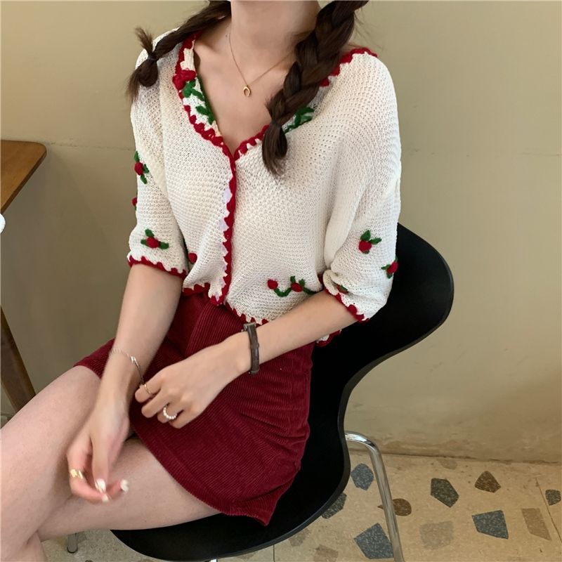 Áo khoác cardigan dệt kim mỏng tay ngắn thêu họa tiết phong cách retro Pháp thời trang xinh xắn cho nữ