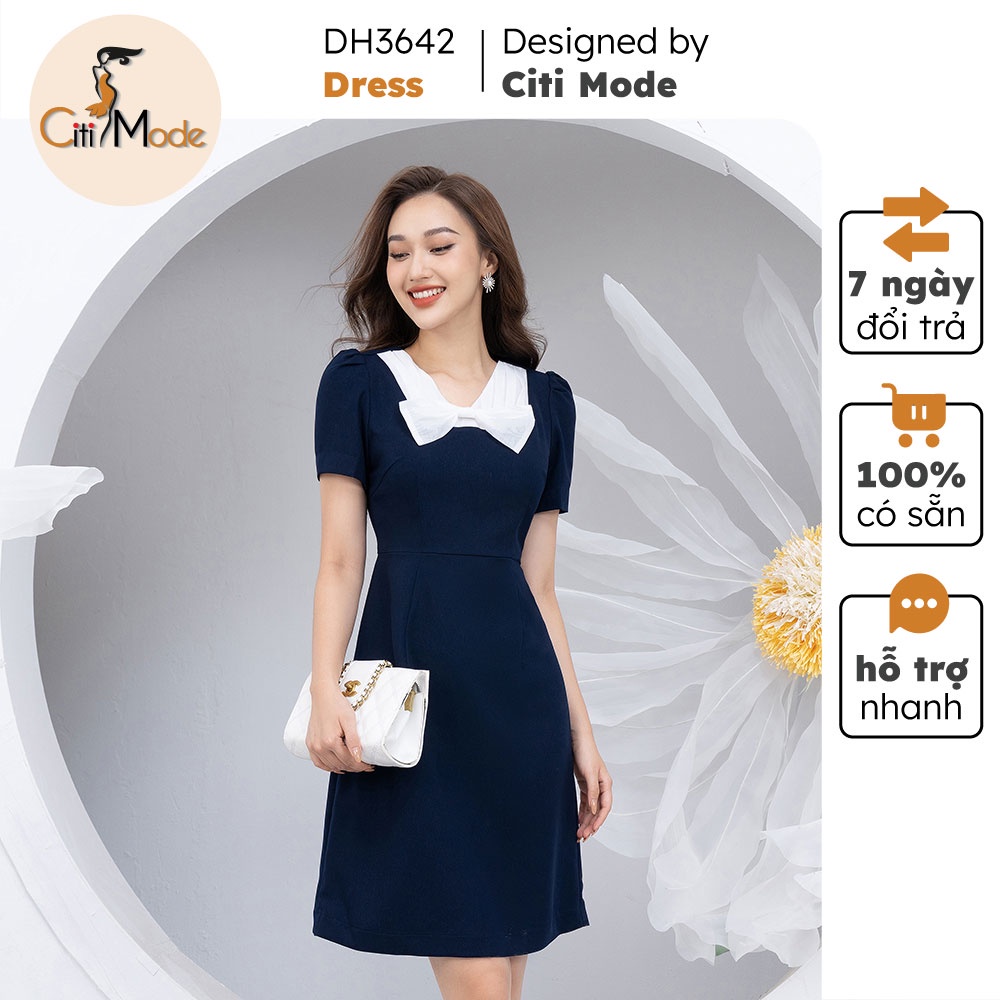 Đầm xòe A công sở xanh than CITI MODE phối cổ nơ tay ngắn DH3642