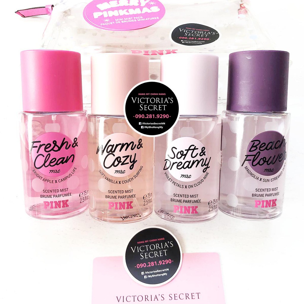 Bộ xịt toàn thân Mini Pink gồm 4 mùi Fresh & Clean, Warm & Cozy, Beach Flower, All a Dream + túi mỹ phẩm