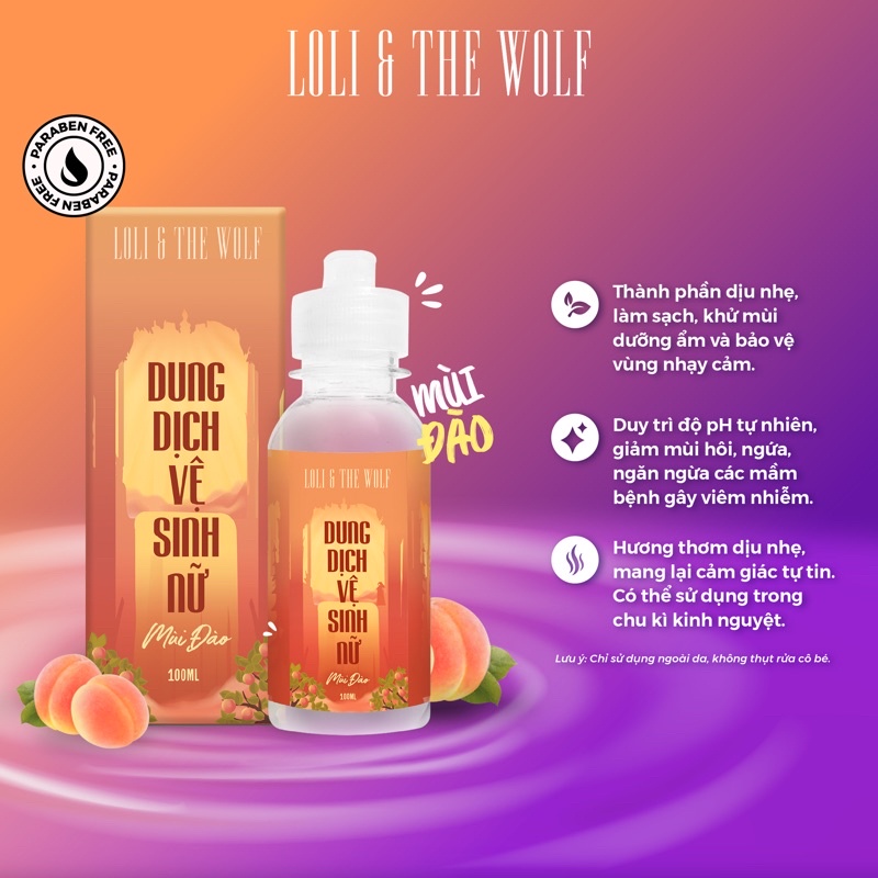 Dung dịch vệ sinh phụ nữ mùi Đào thơm mát thành phần tự nhiên chai 100ml - LOLI & THE WOLF