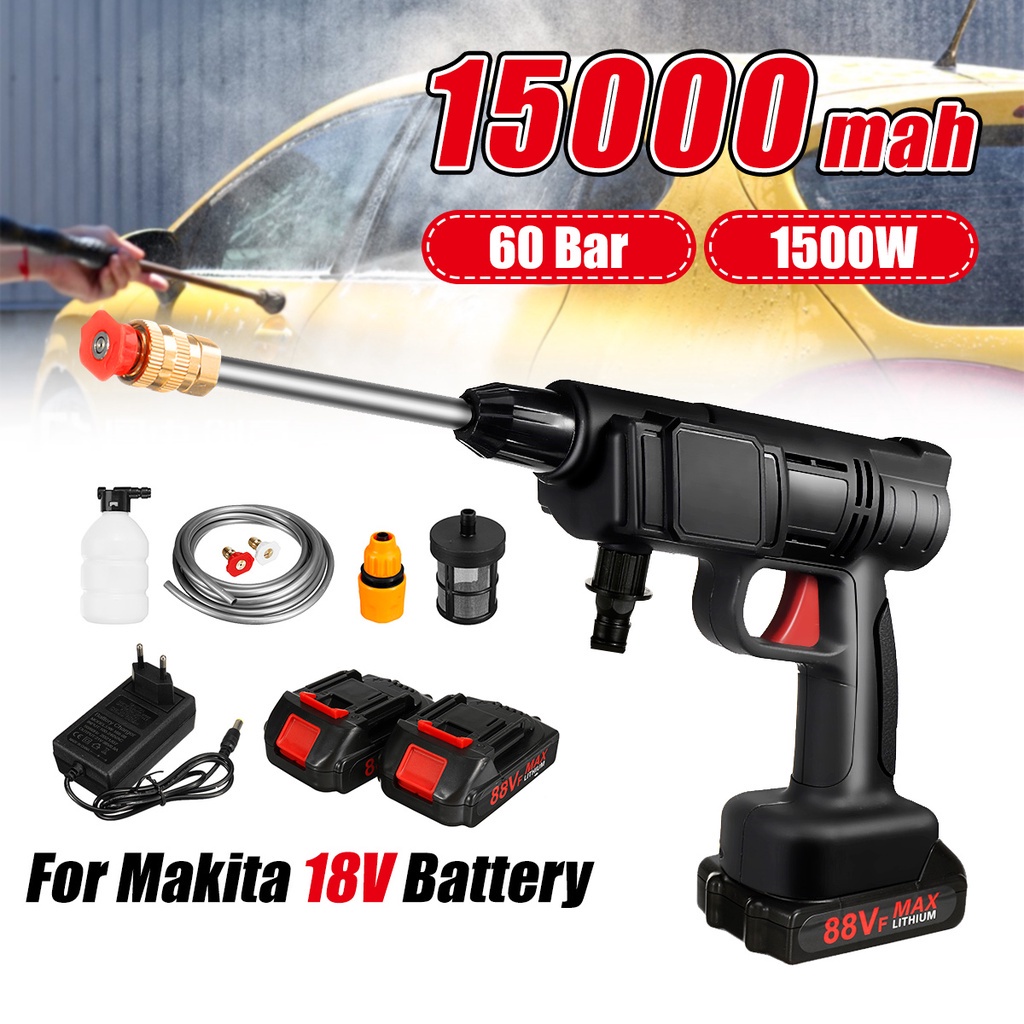 Máy rửa xe áp lực cao không dây 1500w 88vf súng phun máy làm sạch nước máy tạo bọt súng nước điện có thể sạc lại