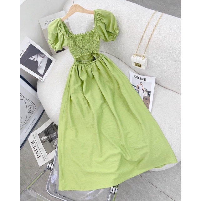 (CÓ BIGSIZE) ĐẦM MIDI CỔ VUÔNG TAY PHỒNG BO CHUN LƯNG | BigBuy360 - bigbuy360.vn