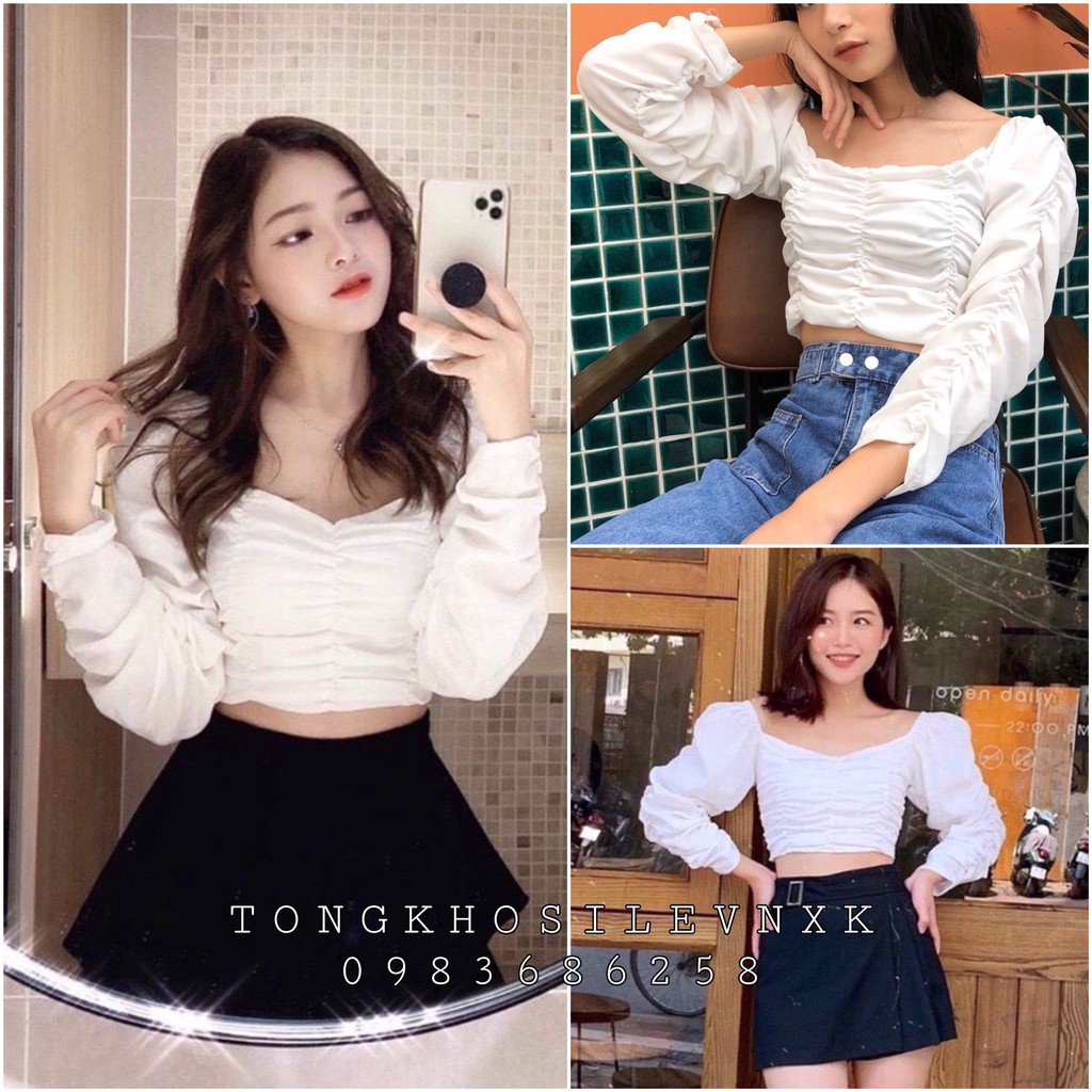 (hàng qc) ÁO TAY DÀI BO CHUN DÚM THÂN TRẮNG - ÁO MẶC 2 KIỂU TRỄ VAI / CỔ THUYỀN ULAZZANG