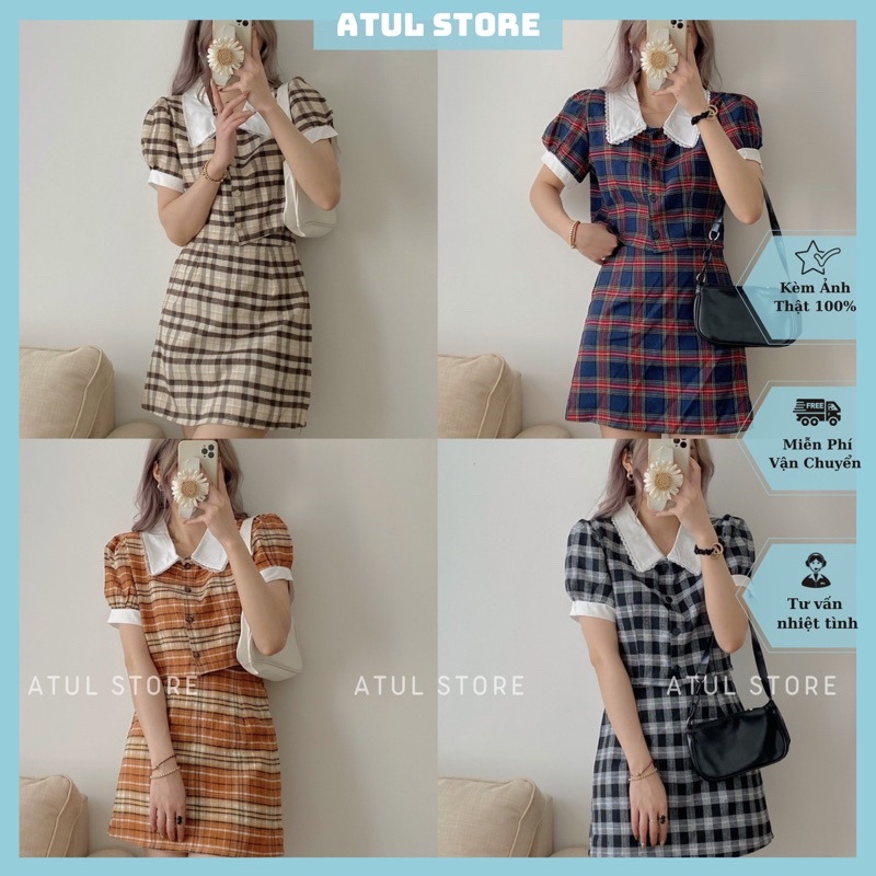Set Đồ Nữ, Set Croptop Chân Váy, Set Áo Croptop Caro Cổ Sen Và Chân Váy Chữ A Chất Vải Dầy Dặn