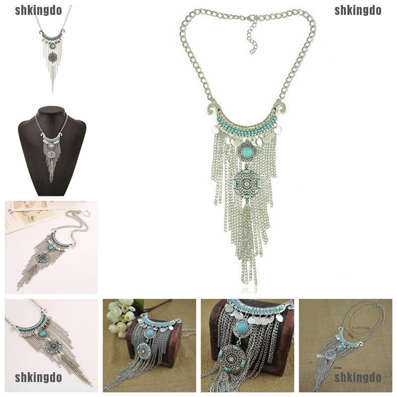 Dây chuyền đính ngọc lam phối tua rua phong cách Bohemian