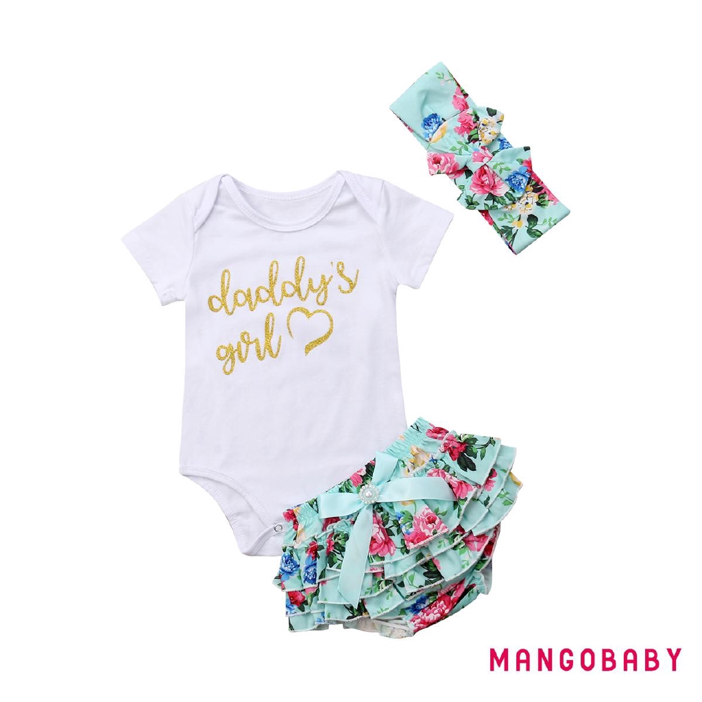 Bộ bodysuit một mảnh + quần short hoa + Băng đô cho bé sơ sinh