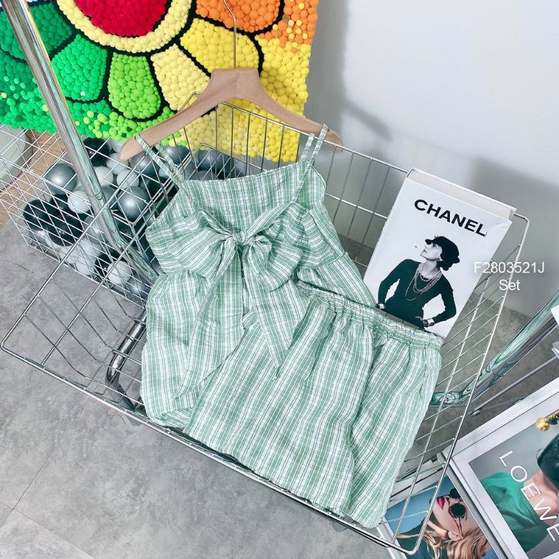 Bộ Áo 2 Dây Quần Short Kẻ Nơ Lưng 🦋 Set Áo Quây Dáng Ngắn Kèm Quần Đùi Ống Rộng 2 Màu 🦋