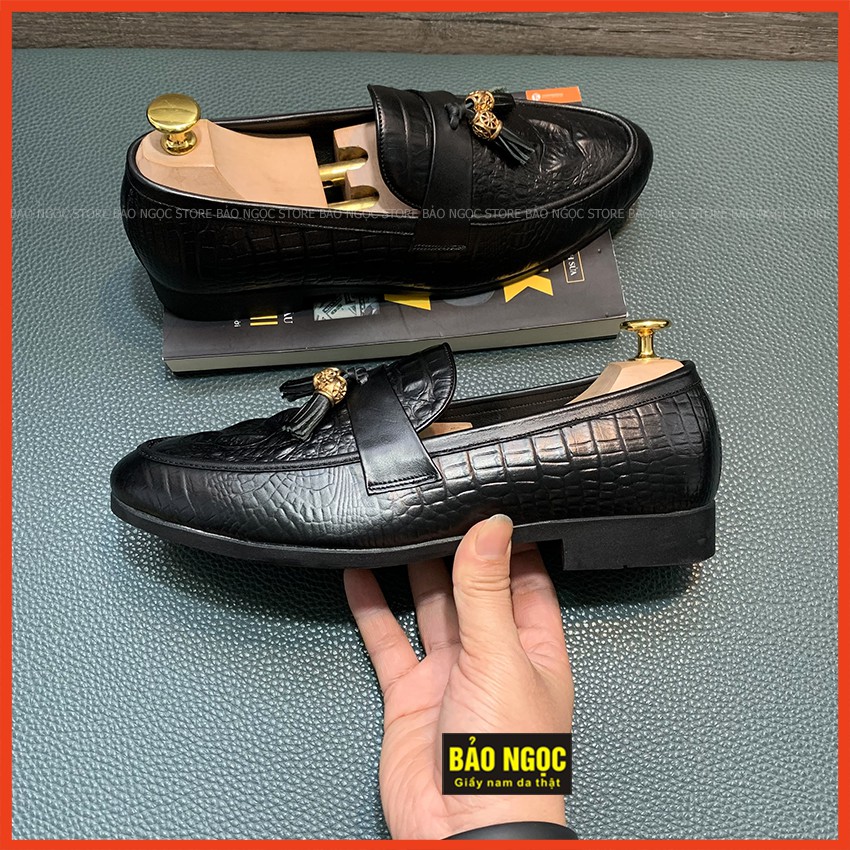{ĐẾ KHÂU CỰC BỀN} Giày lười nam da bò thật BẢO NGỌC K1868 dập vân cá sấu băng chuông vàng cao cấp🎁 Đế cao su đúc ca | BigBuy360 - bigbuy360.vn