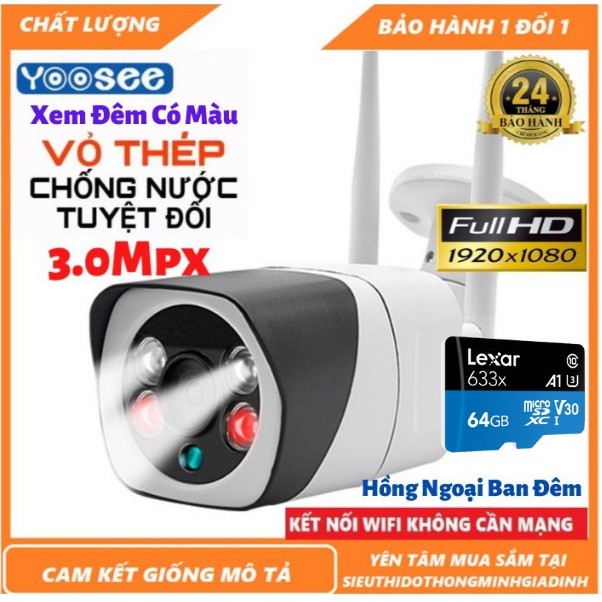 Camera Wifi Yoosee 3.0Mpx 1920 x 1080P - Camera Wifi S10 Chống Nước ,Xem Đêm Có Màu,Vỏ Thép Nguyên Khối , Kèm Thẻ 128GB