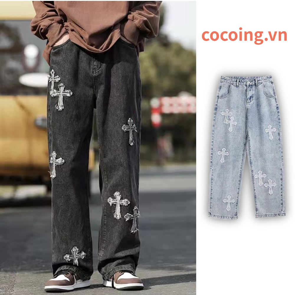 Quần Jean Nam Ống Rộng Thêu Chữ Thập Phong Cách retro Mỹ Cho unisex Quần jean
