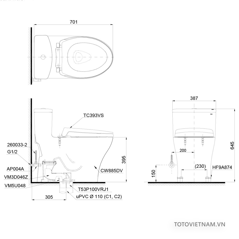 Bồn Cầu TOTO MS885DT2 Một Khối Nắp TC393VS,Nắp TC600VS