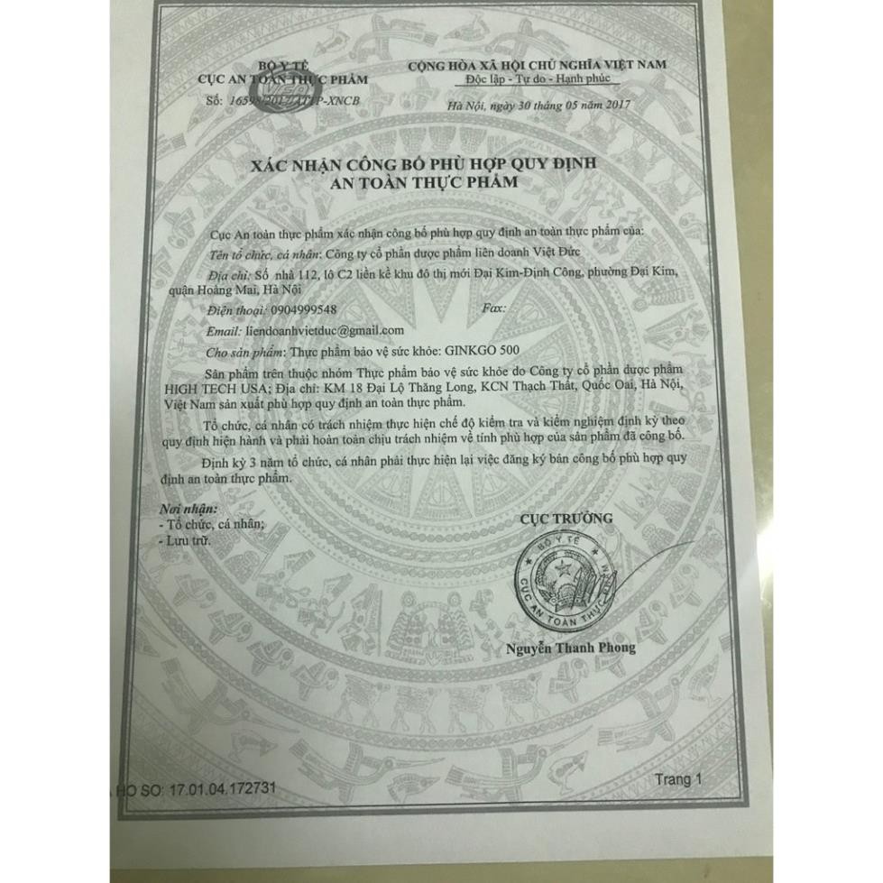 Viên uống bổ não BRAIN GINKGO 500 Giúp hoạt huyết, tăng cường lưu thông máu