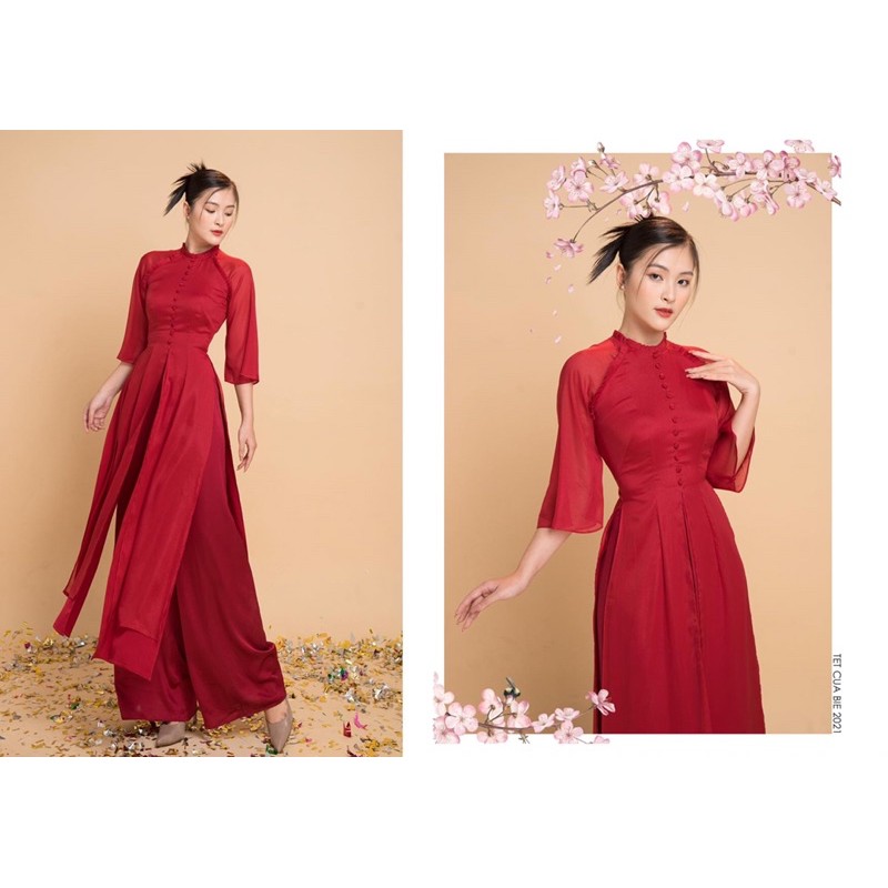 Áo dài tứ thân 4 tà cách Tân tơ màu đỏ đô