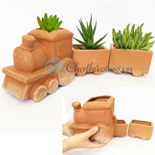 Chậu đất nung Đoàn Tàu Lửa (gồm 1 đầu tàu và 2 toa tàu), chậu có lỗ, xinh xắn vintage, chậu trồng bonsai, cây cảnh