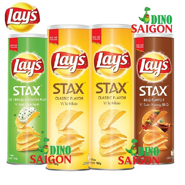 Combo 4 Hộp Bánh Snack Khoai Tây Lay's Stax Malaysia 160g Mix 3 Vị gồm 2 Tự Nhiên + 1 Sườn BBQ + 1 Kem Chua Hành