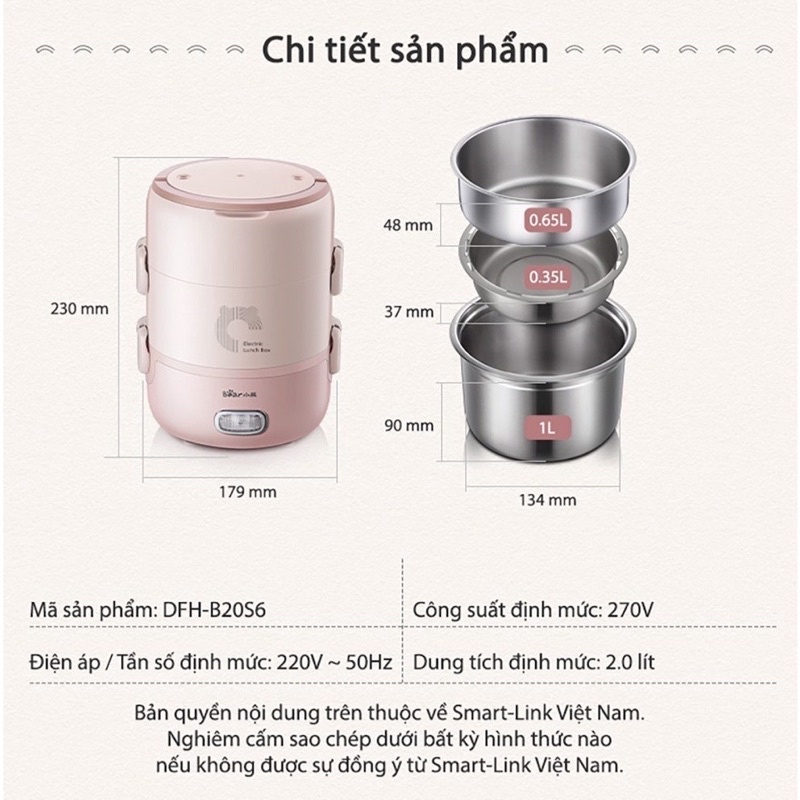 Hộp Cơm Điện Đa Năng 2L Cầm Tay Bear Chính Hãng DFH-B20S6 - Bảo Hành 18 Tháng