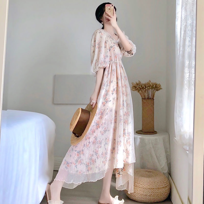 Đầm Voan Hoa Cổ Vuông Lưng Cao Dáng Dài Size S~3XL Thời Trang Retro Cho Nữ