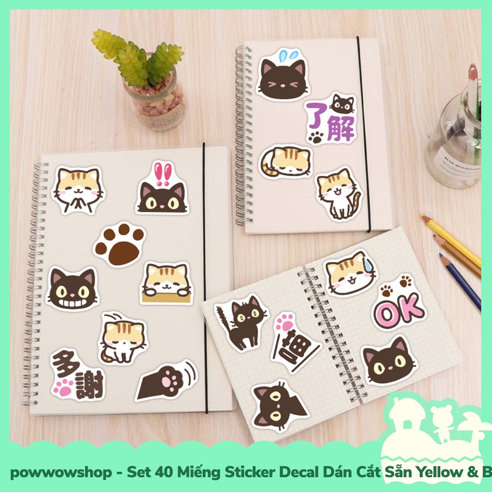 [Sẵn VN - Hỏa Tốc] Set 40 Miếng Sticker Decal Cắt Sẵn DIY Dán Trang Trí Vật Dụng Mẫu Yellow &amp; Black Cat Playround