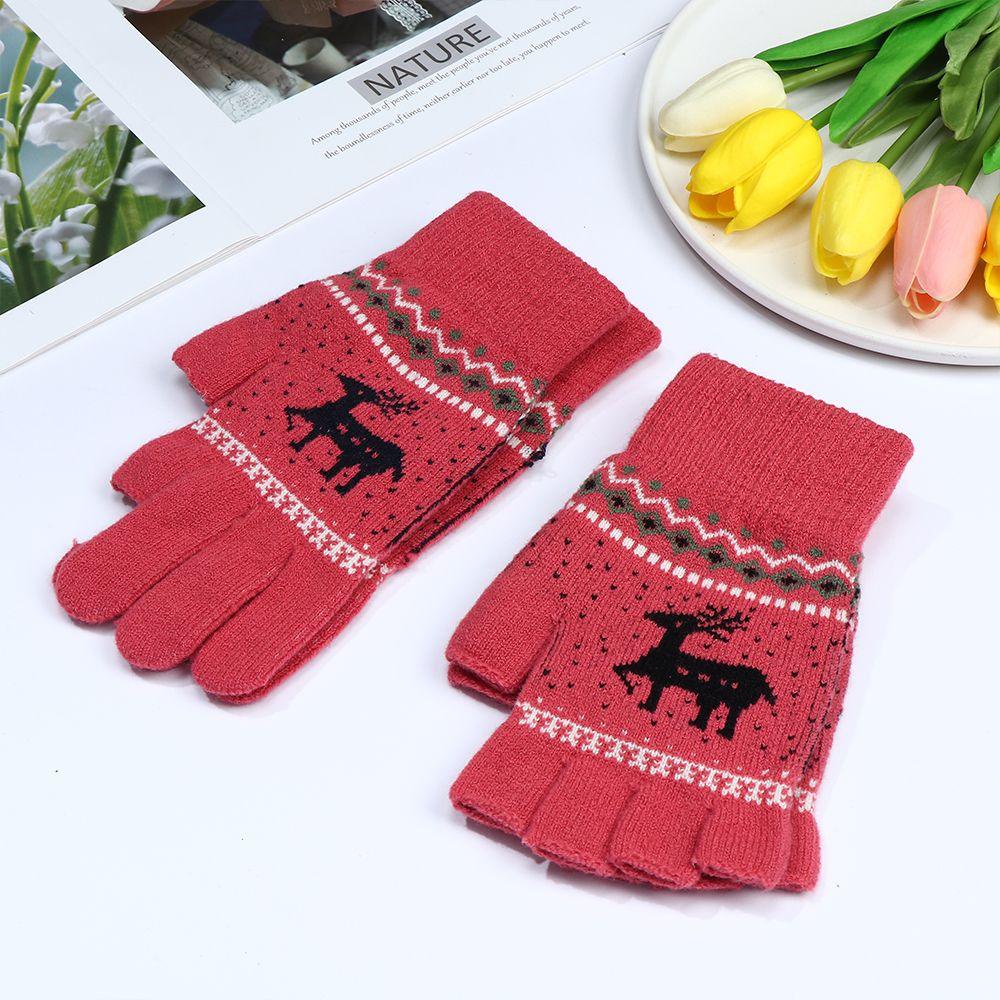 LET 1 Đôi Găng Tay Len Hở Ngón Chạm Cảm Ứng Màn Hình Họa Tiết Hươu Hoạt