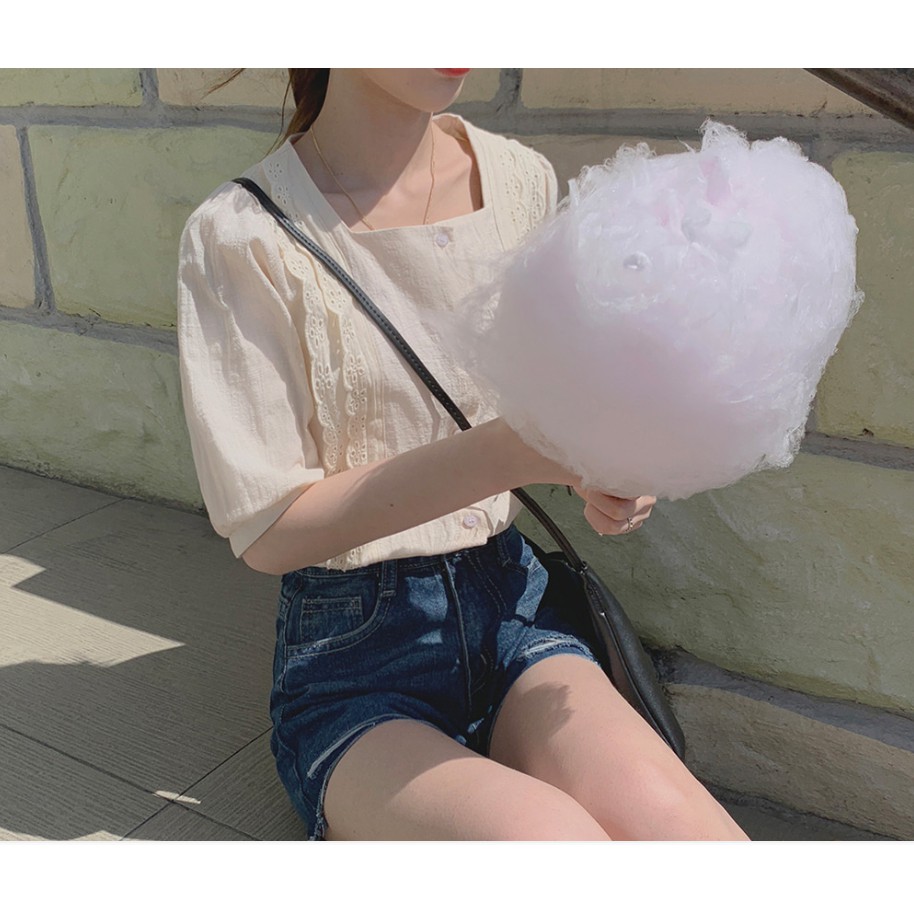 SUXI Áo sơ mi tay ngắn họa tiết thêu theo phong cách Hàn Quốc